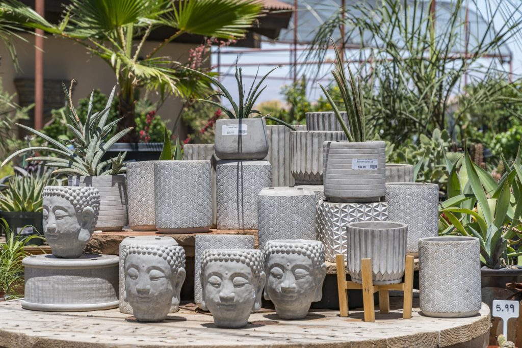 White ceramic planters and Buddha-head pots at Desert Horizon Nursery