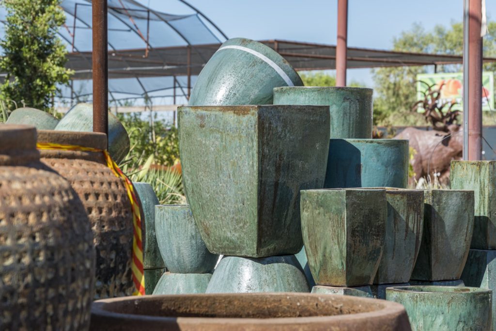 Large square glazed planters in teal and green at Desert Horizon Nursery