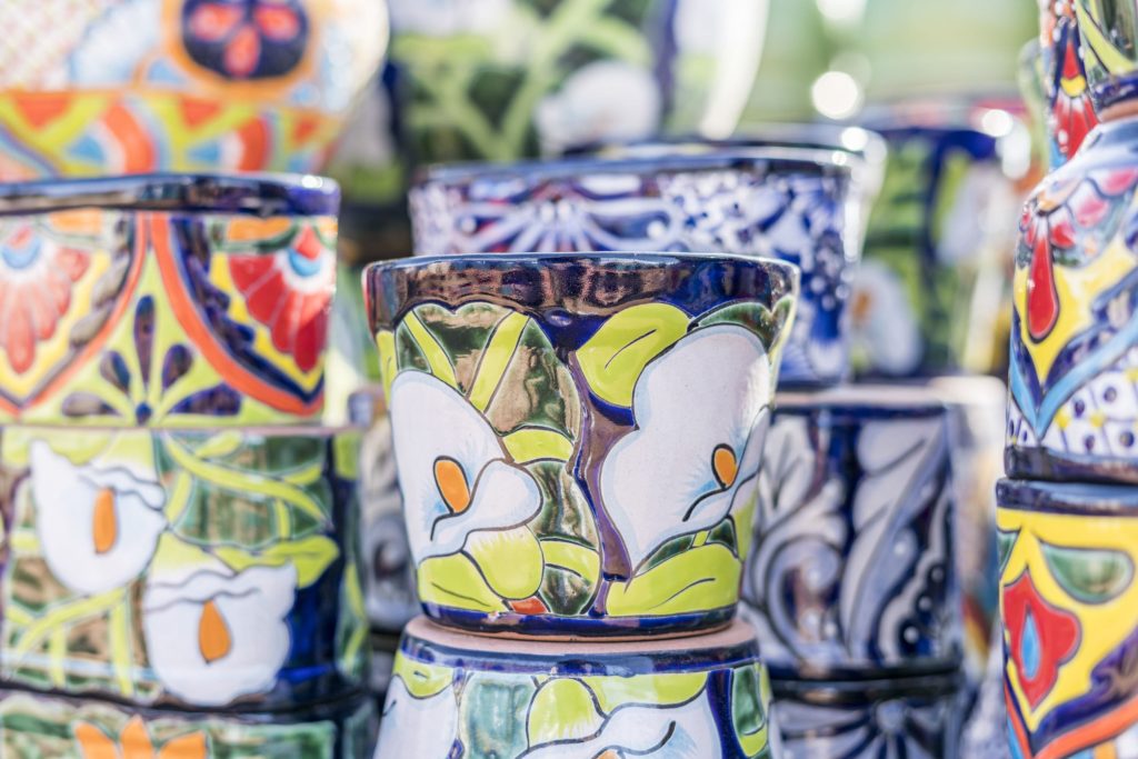 Close-up of hand-painted Talavera planters at Desert Horizon Nursery