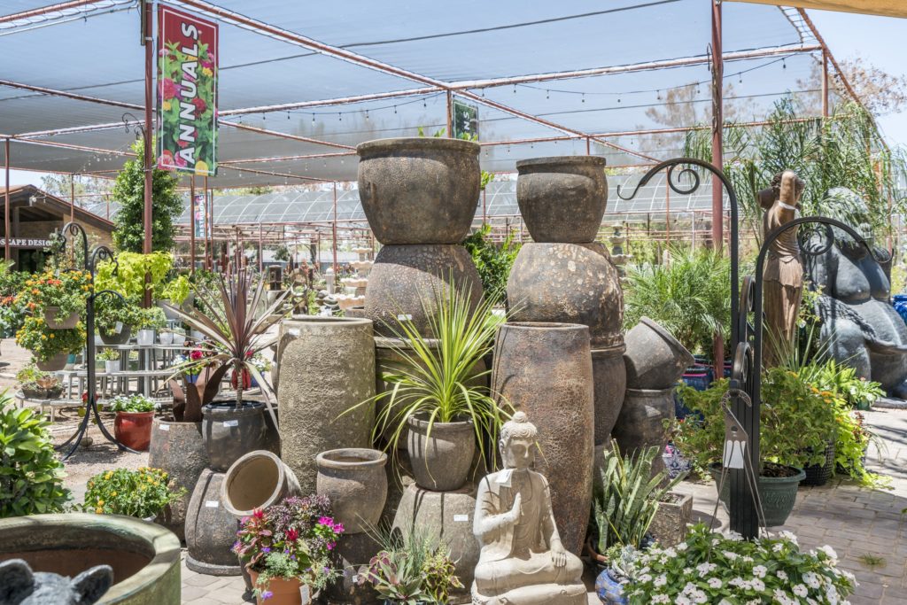 Tall glazed pots and planters in the pottery yard at Desert Horizon Nursery