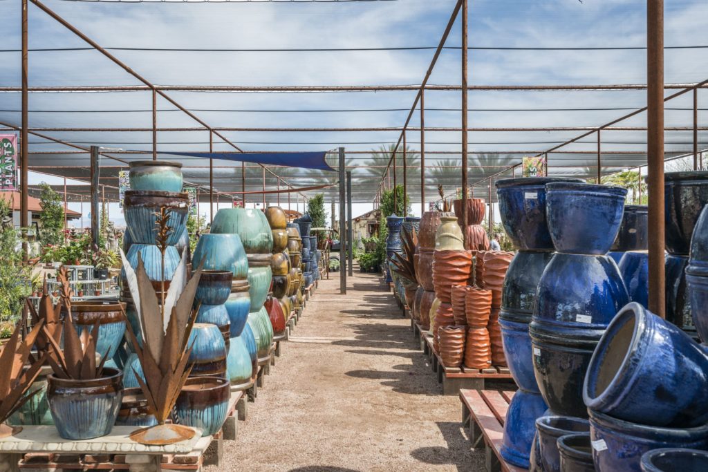 Blue glazed and terracotta pottery rows at Desert Horizon Nursery