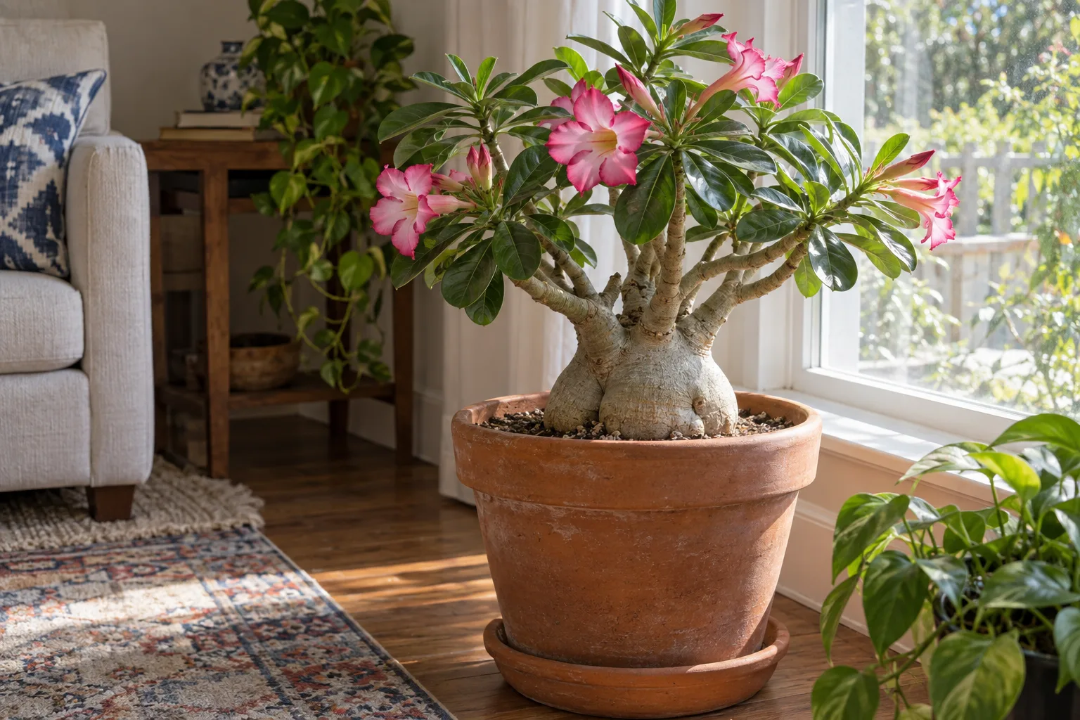 Flowering desert rose adenium in a terra cotta pot beside a sunny window