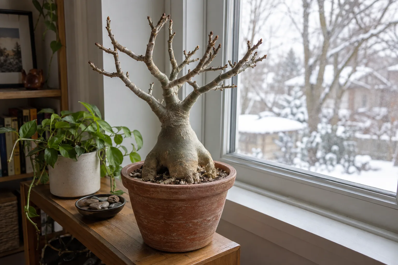 Leafless adenium resting in a bright indoor spot during winter in Queen Creek