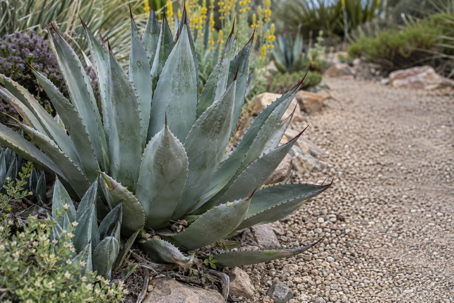 Blue-green agave rosette with spined leaves next to a decomposed granite path