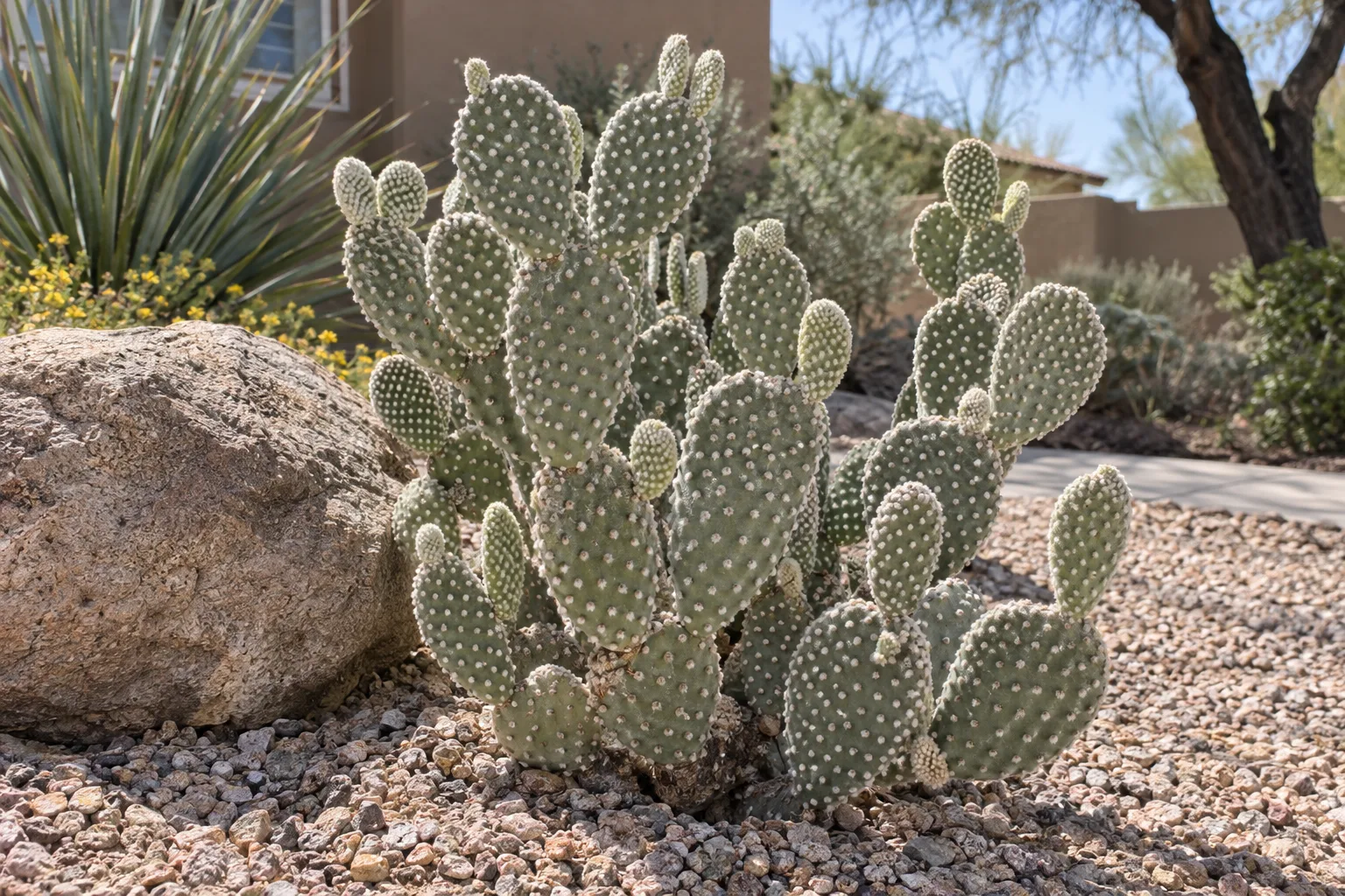 Alba bunny ears cactus with oval green pads dotted with white tufts planted in gravel beside a boulder