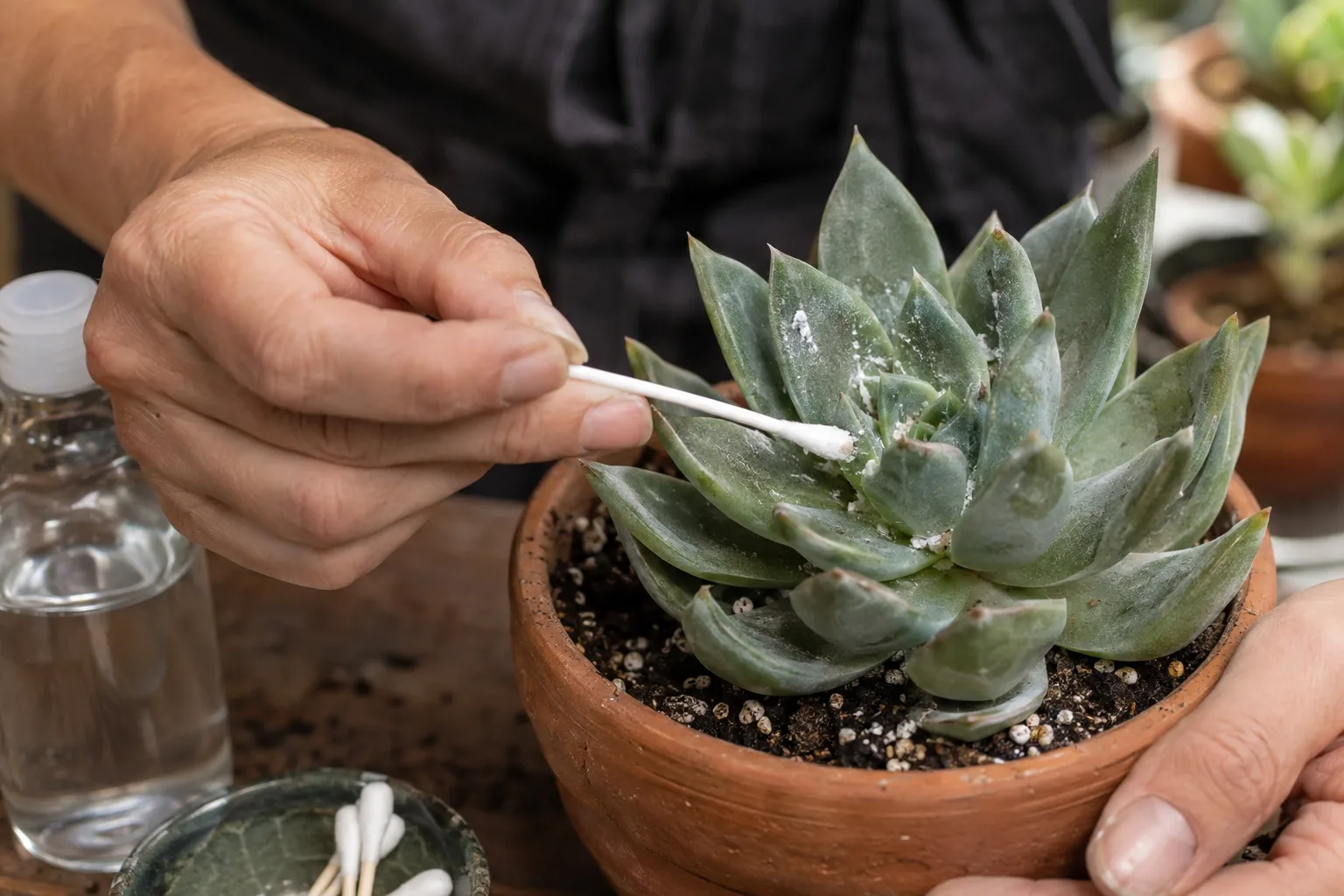 Gardener dabbing mealybugs with an alcohol swab on a potted succulent in Queen Creek