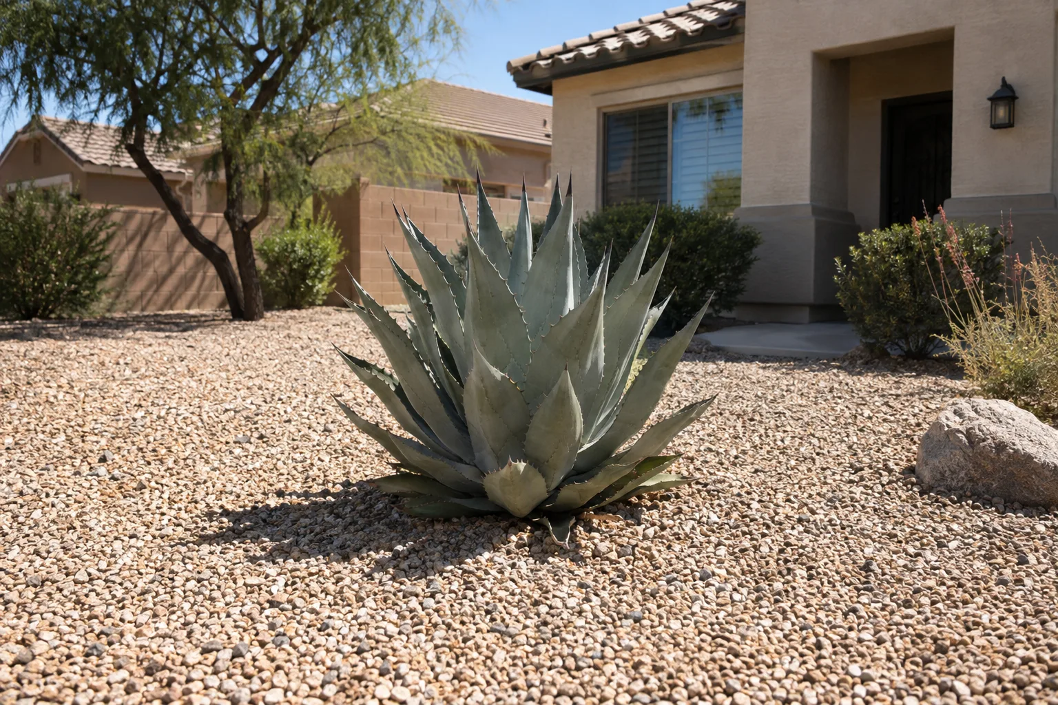 All-gravel front yard in full sun with a single agave and no shade