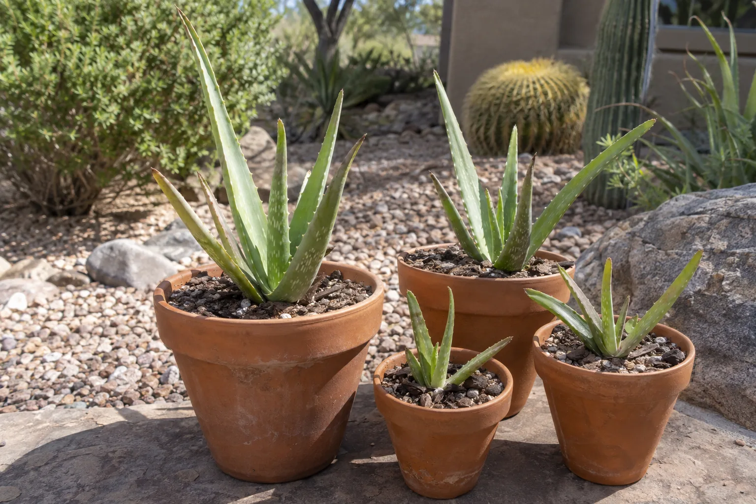 Small aloe pups potted in gritty cactus mix inside terra cotta containers