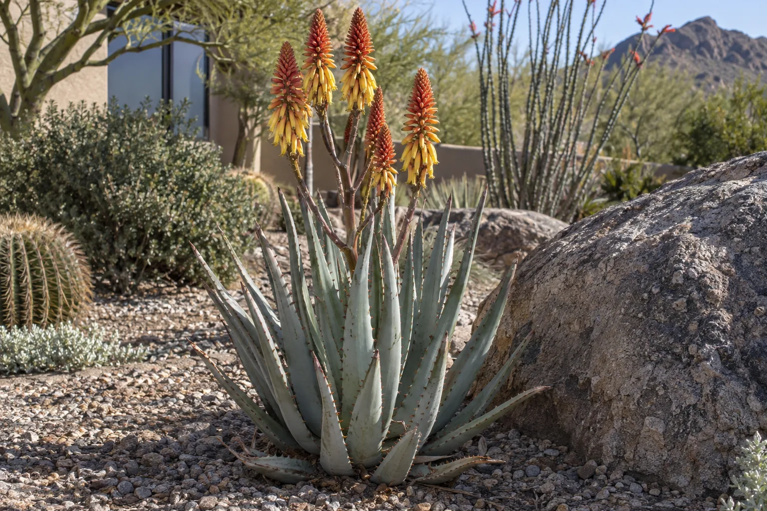 Aloe wickensii with upright blue-grey leaves and red and yellow bicolored flower spikes in a gravel bed
