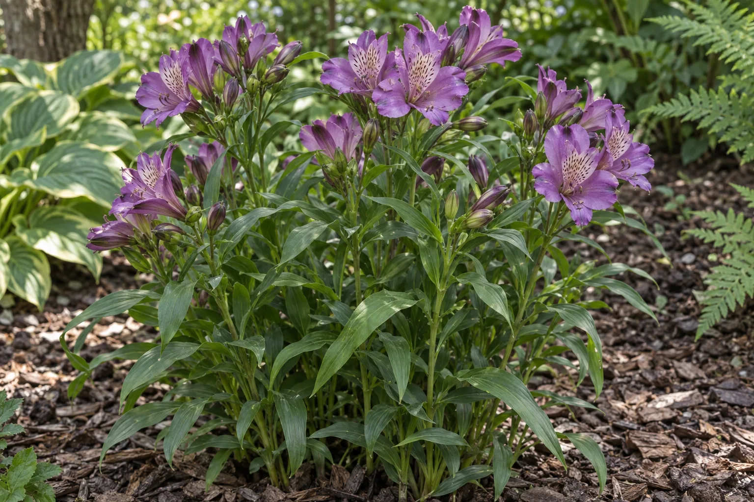 Peruvian lily with violet-purple orchid-like flowers on a compact leafy clump in a shade garden