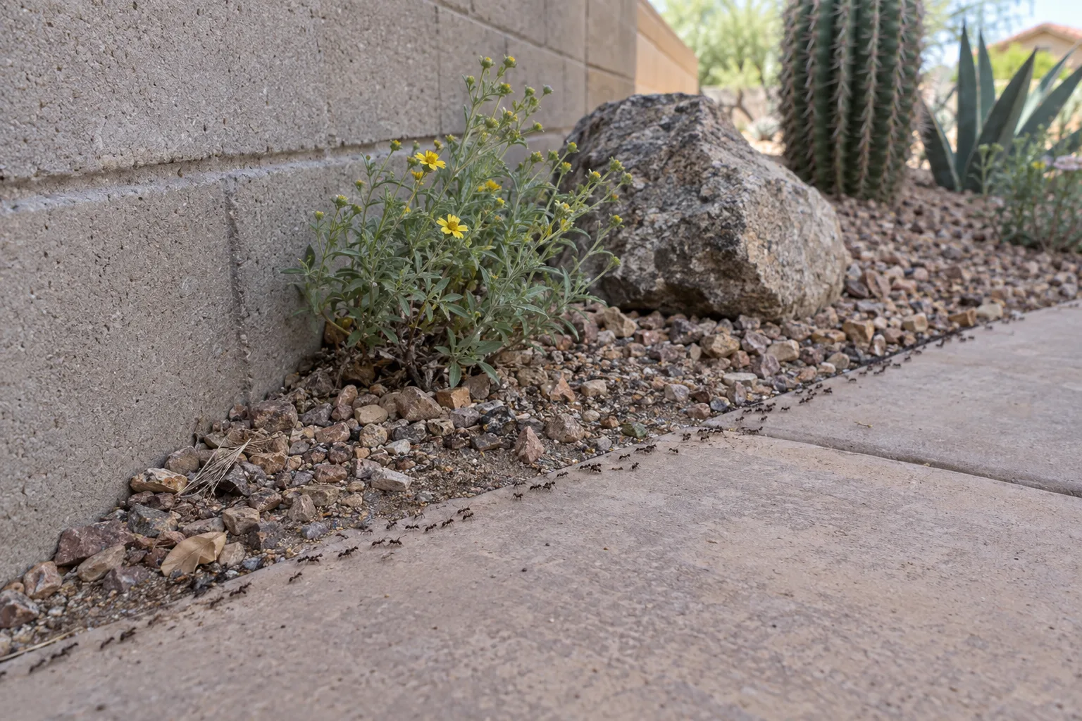 Line of small ants crossing a patio edge toward a desert garden bed