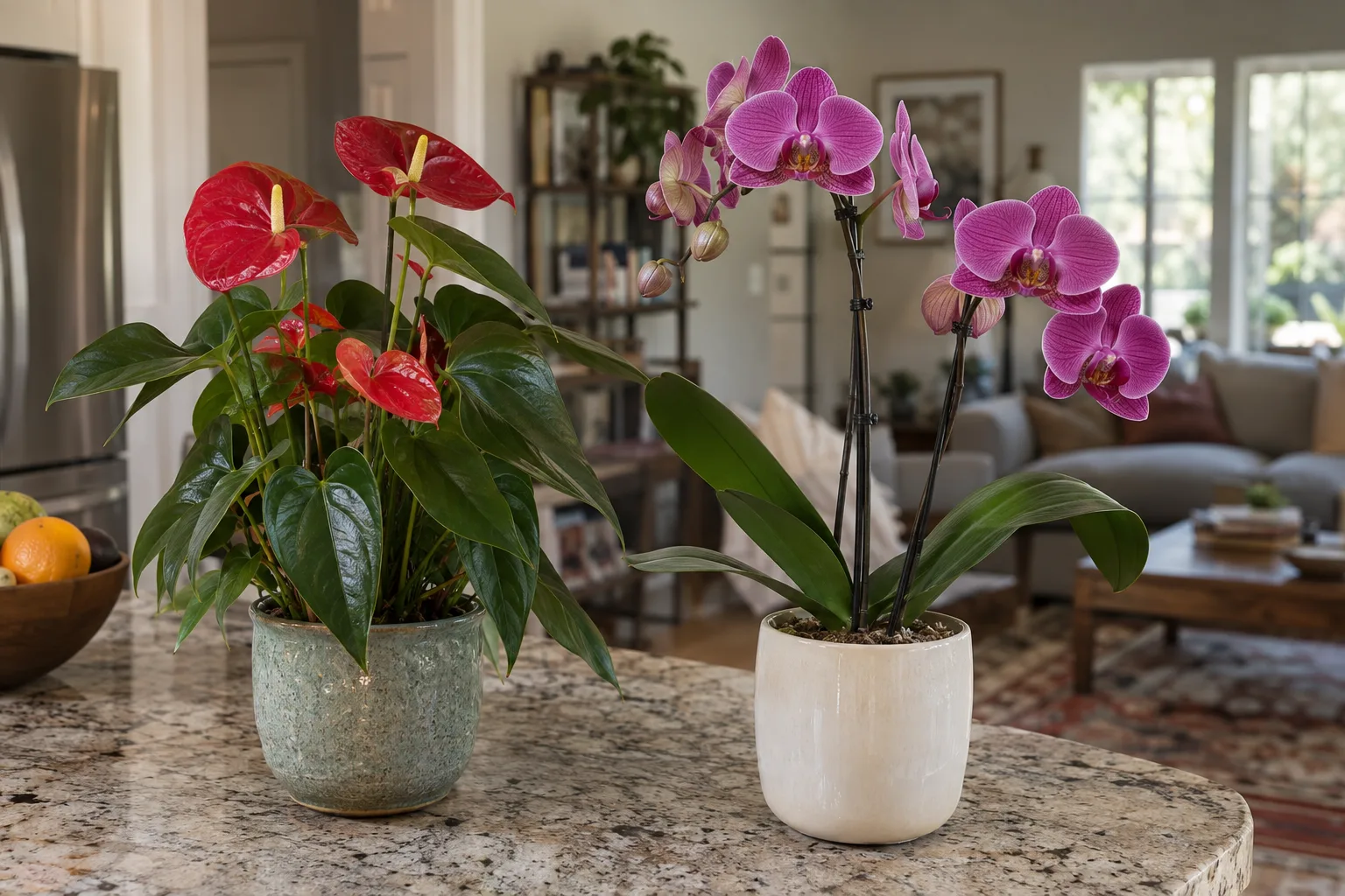 Red anthurium spathes beside a white moth orchid spike in bright indirect light