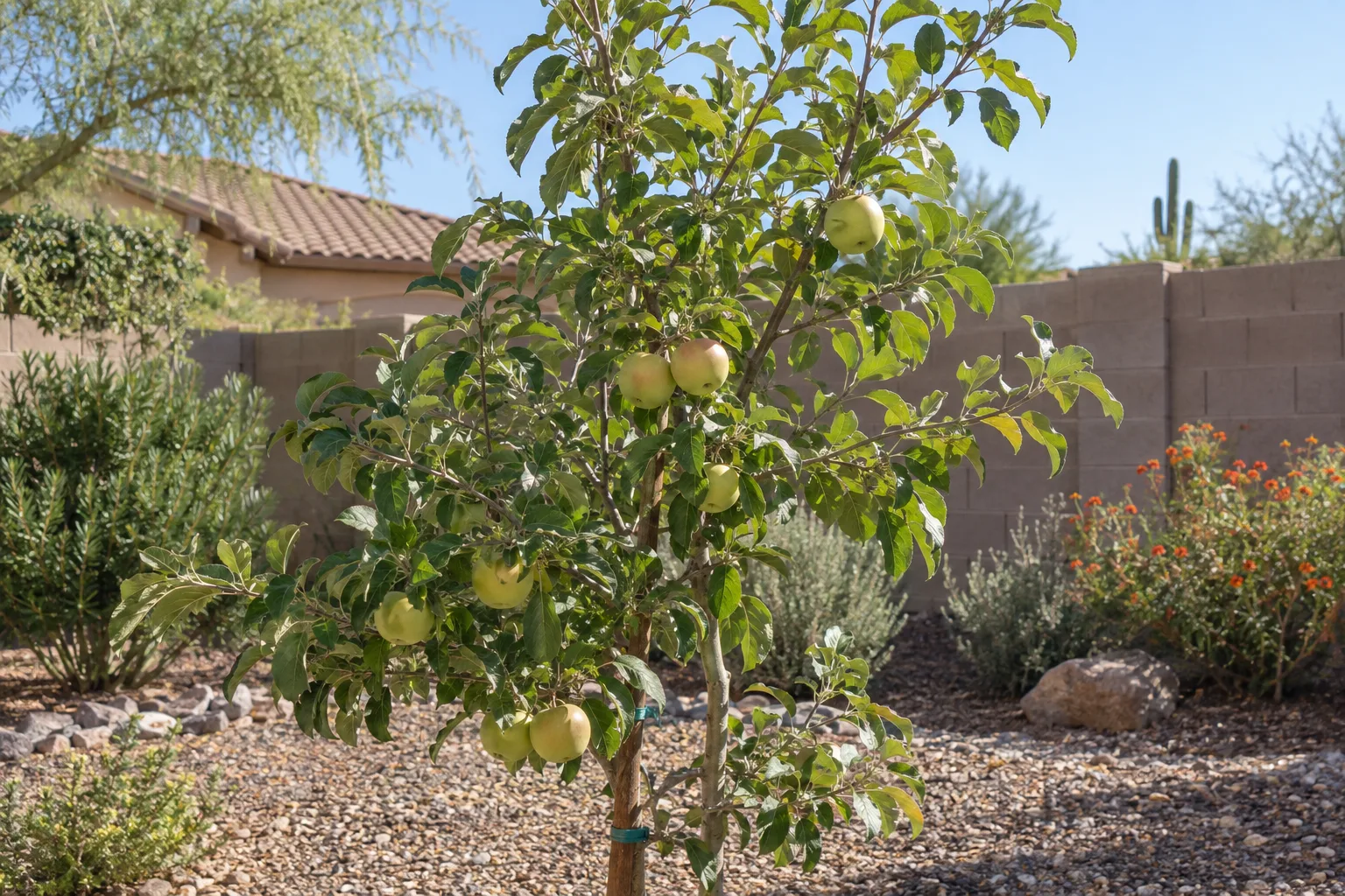 Young apple tree bearing yellow-green fruit in a sunny Arizona backyard