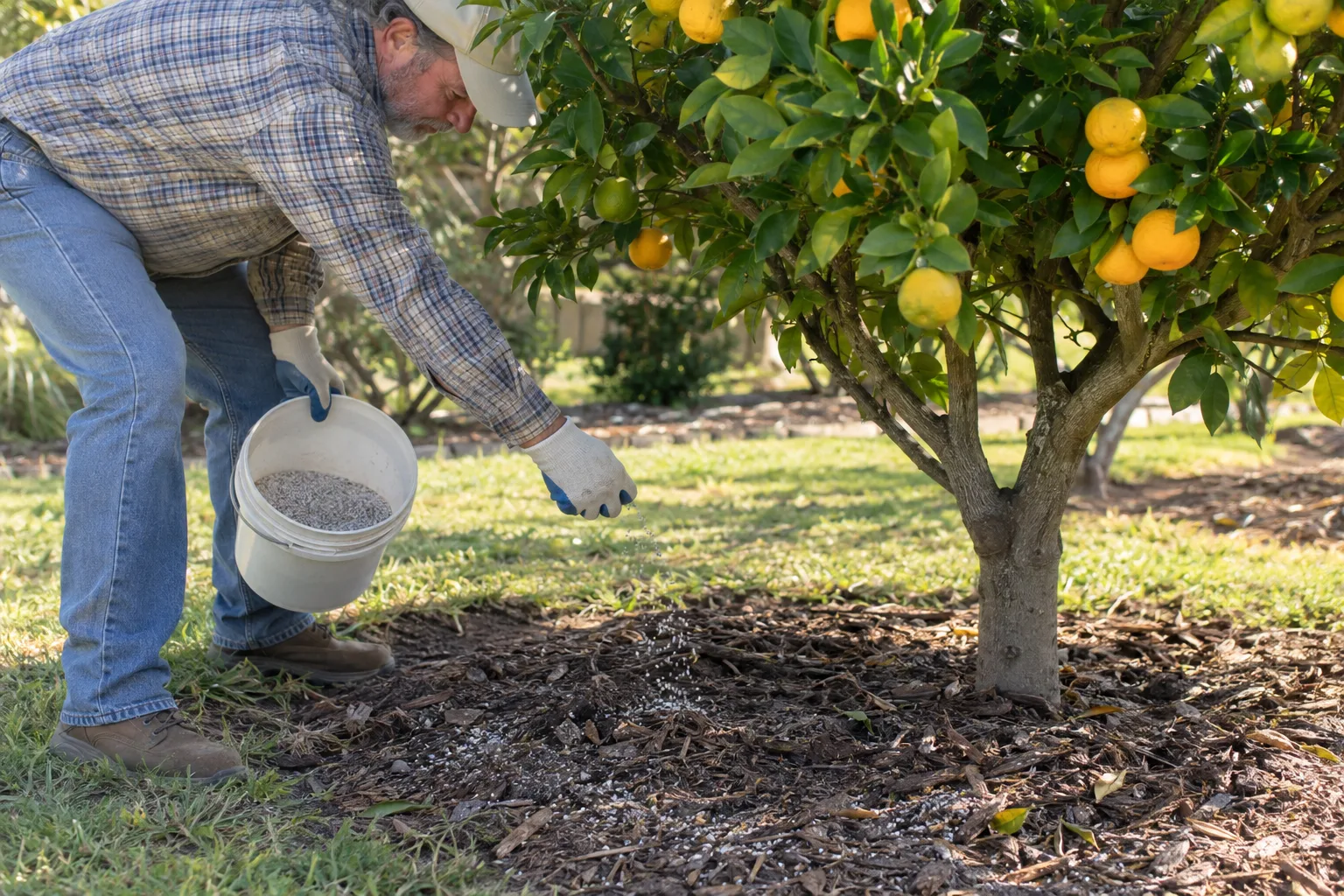 Gardener spreading granular fertilizer under the canopy of a citrus tree in spring
