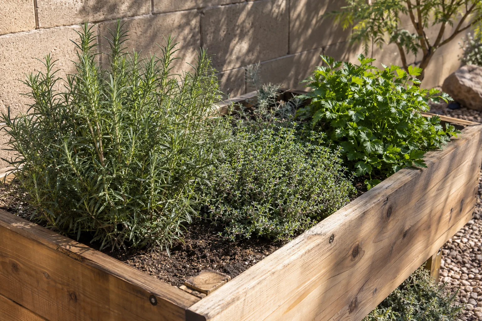 Mixed herb bed with rosemary, thyme and parsley growing in a raised planter