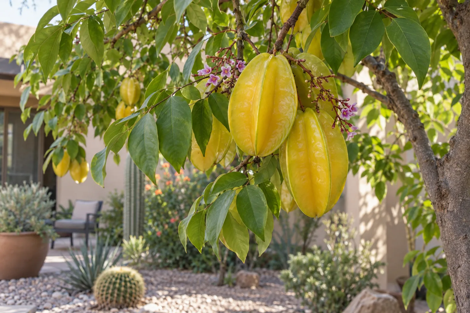 Arkin starfruit tree branches with ripe golden-yellow five-ribbed fruit hanging among green leaves