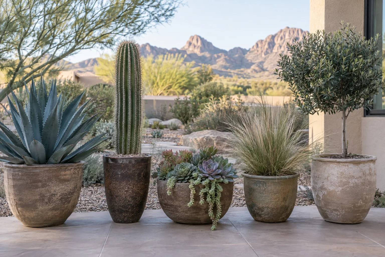 Five artificial desert plant types arranged together on a shaded patio
