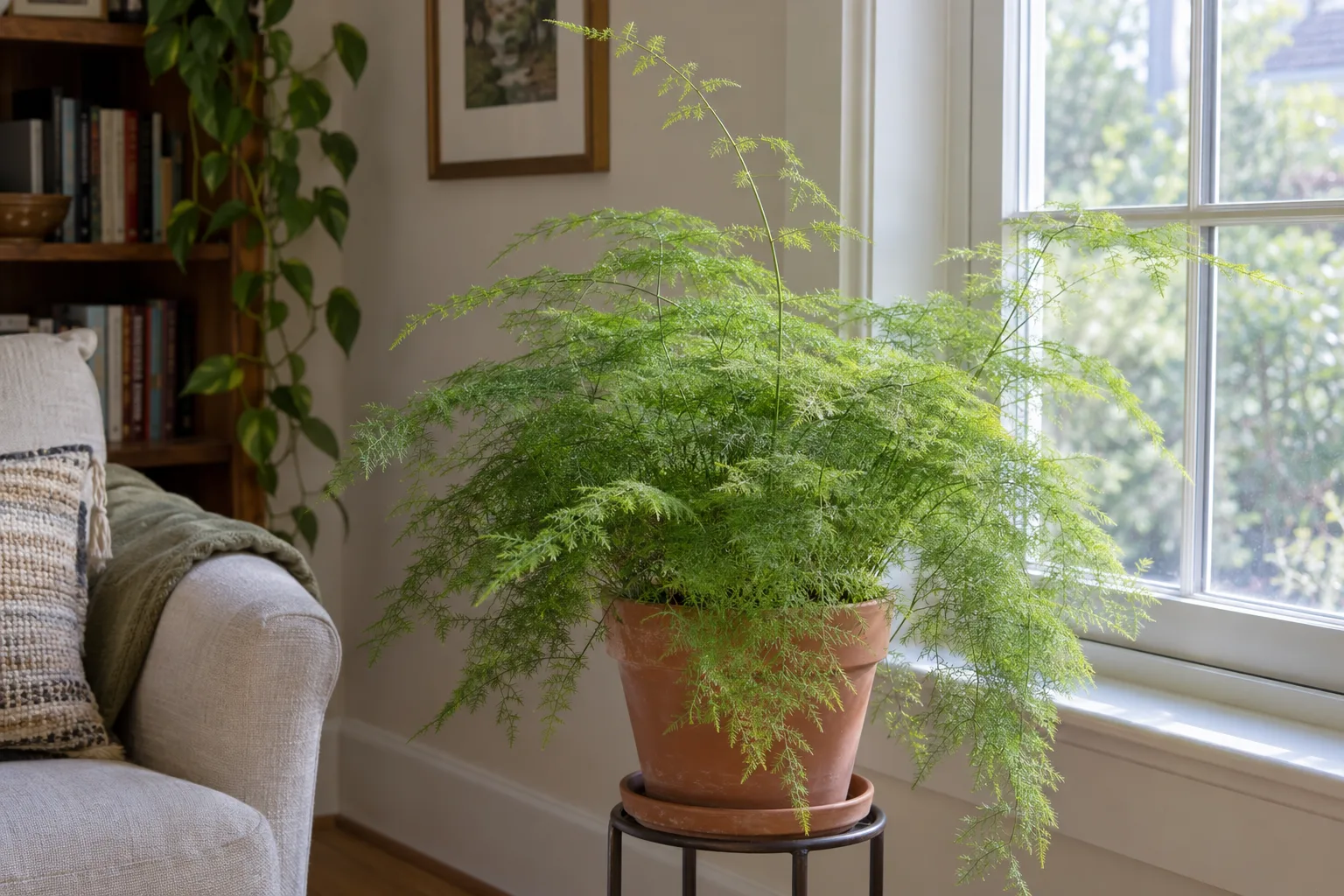 Asparagus plumosa fern with fine feathery bright green sprays in a terracotta pot