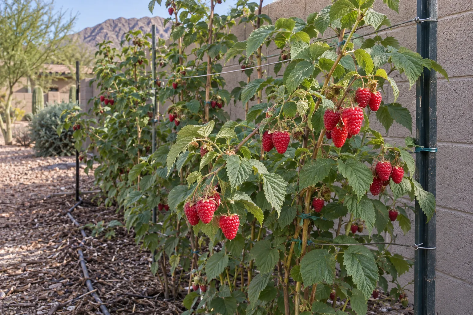 Baba red raspberry canes on a wire trellis with large ripe red berries and green leaves