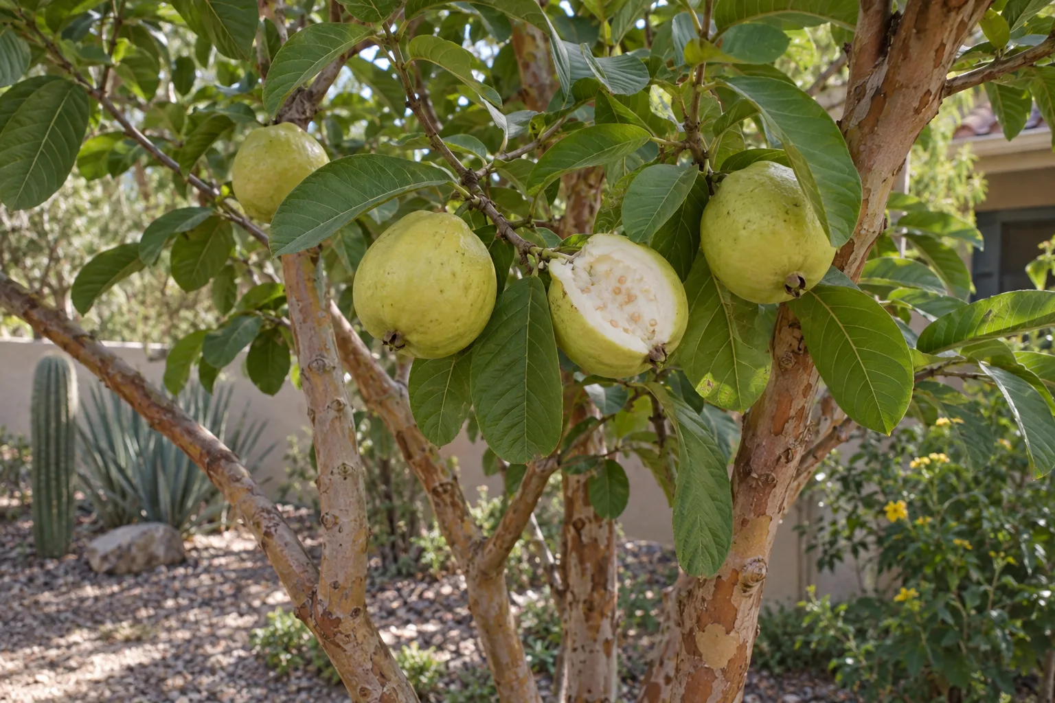 Belize white guava branches with pale yellow-green fruit, one split open showing creamy white flesh