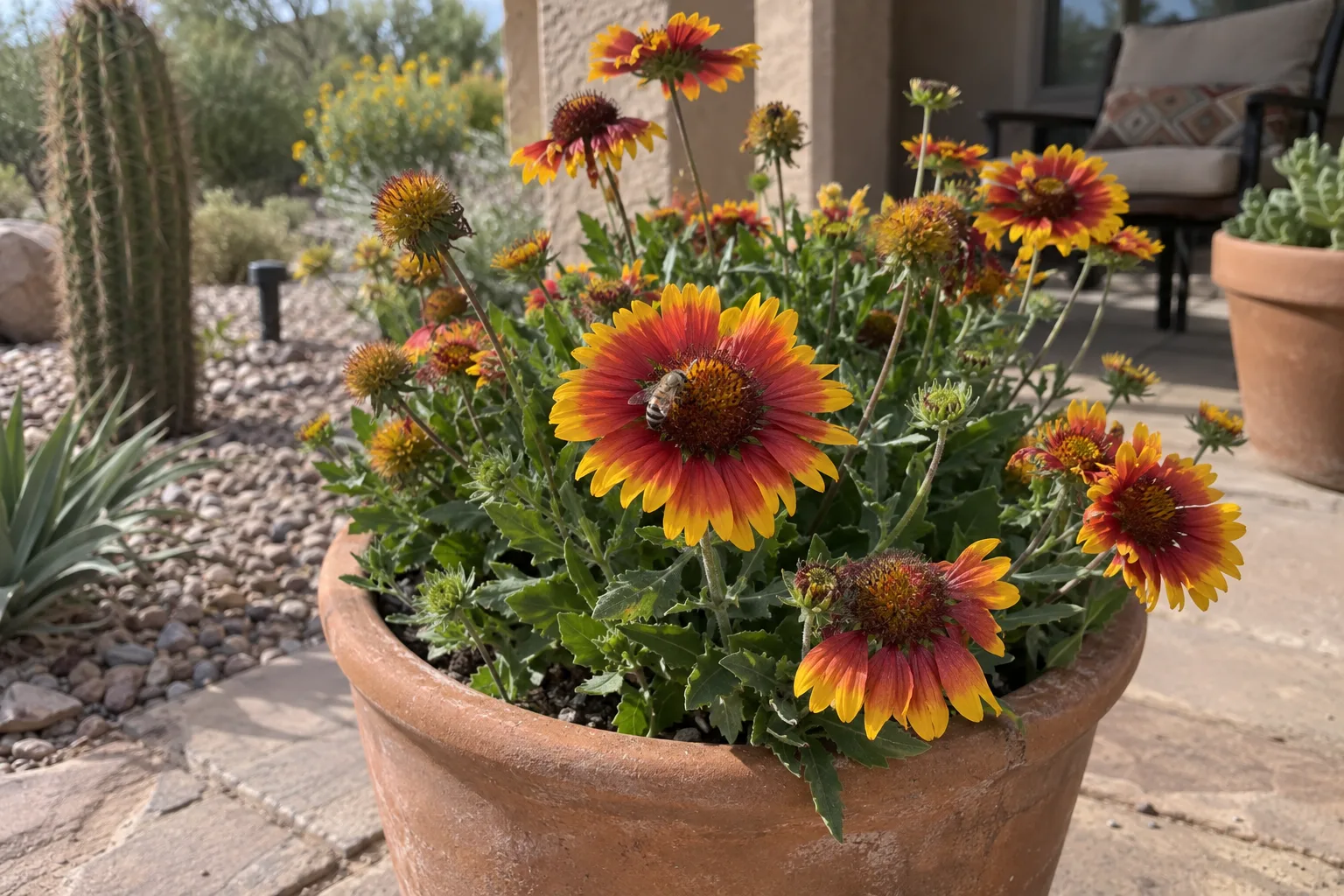 Bee visiting a blanket flower growing in a terracotta pot on a sunny patio