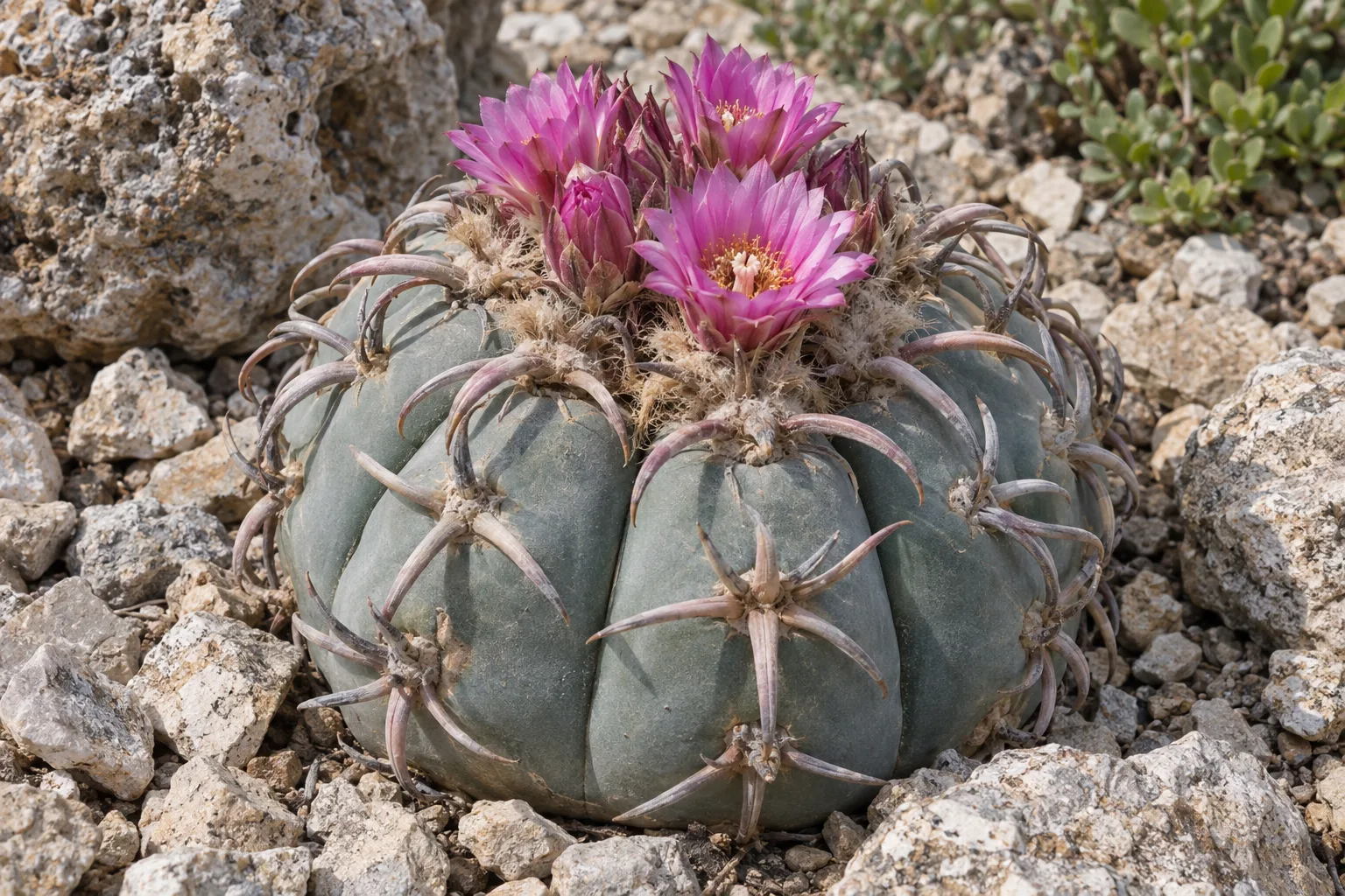 Blue barrel eagle claw cactus with blue-grey ribs, curved spines and pink flowers in a rock garden
