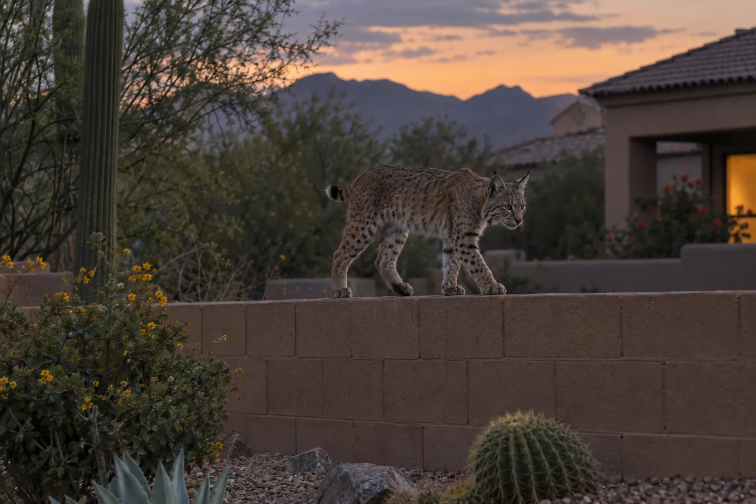 Bobcat walking along a block wall at dusk beside desert shrubs
