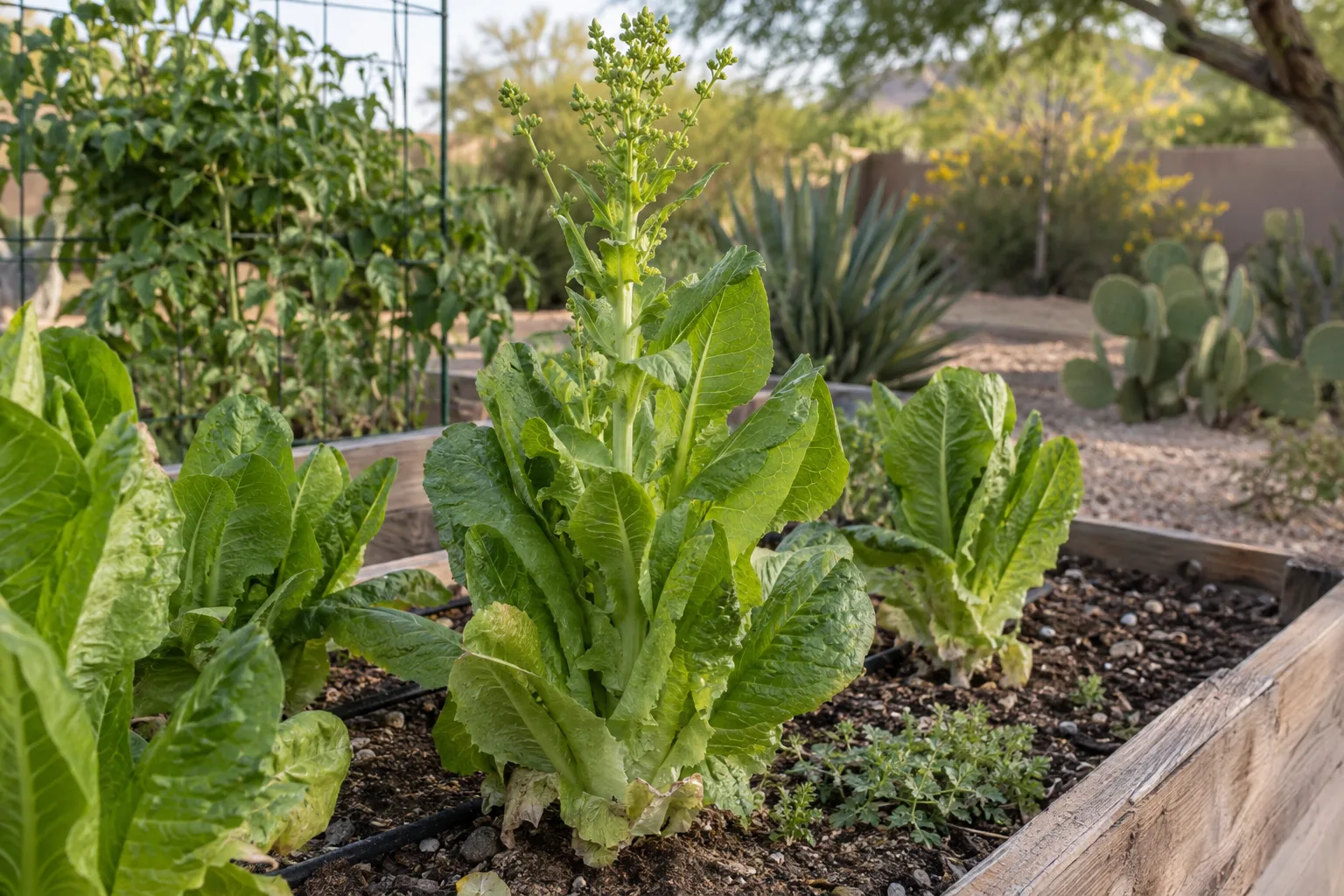 Tall flowering stalk rising from a bolting romaine lettuce plant in a raised vegetable bed
