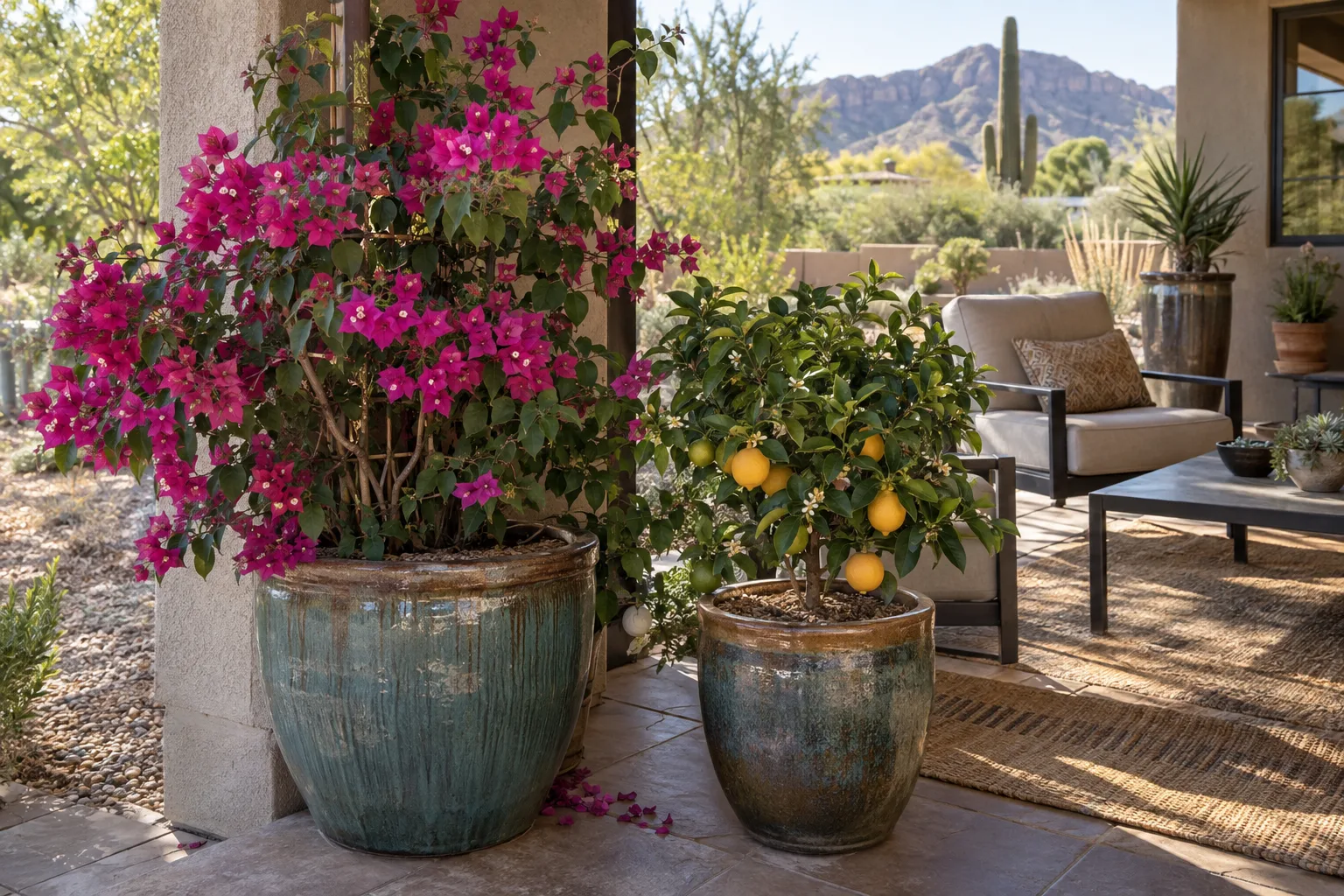 Bougainvillea and potted citrus in glazed containers on a covered Queen Creek patio