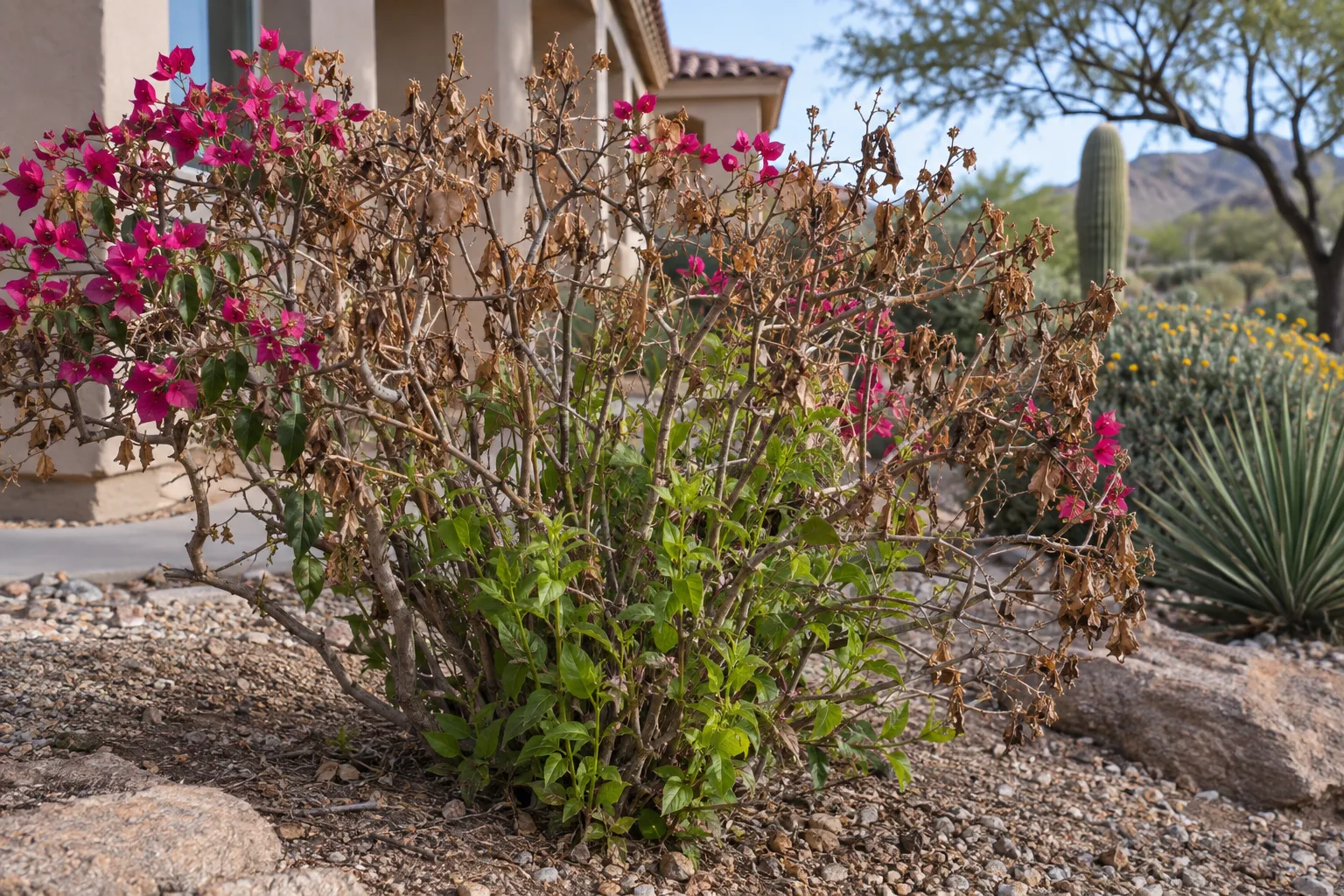 Frost-browned bougainvillea showing fresh green shoots near the base in March