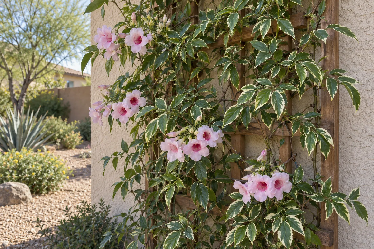 Variegated bower vine with cream-edged leaves and pale pink trumpet flowers on a trellis