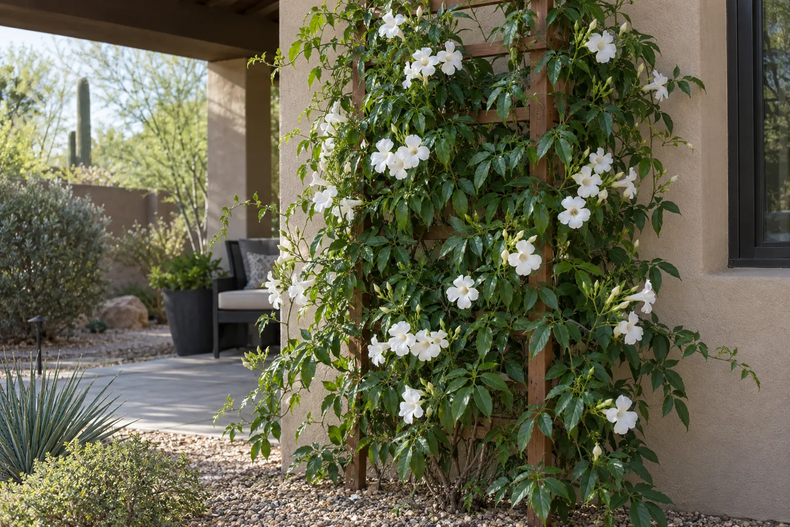 White bower vine with glossy dark green leaves and pure white trumpet flowers on a trellis