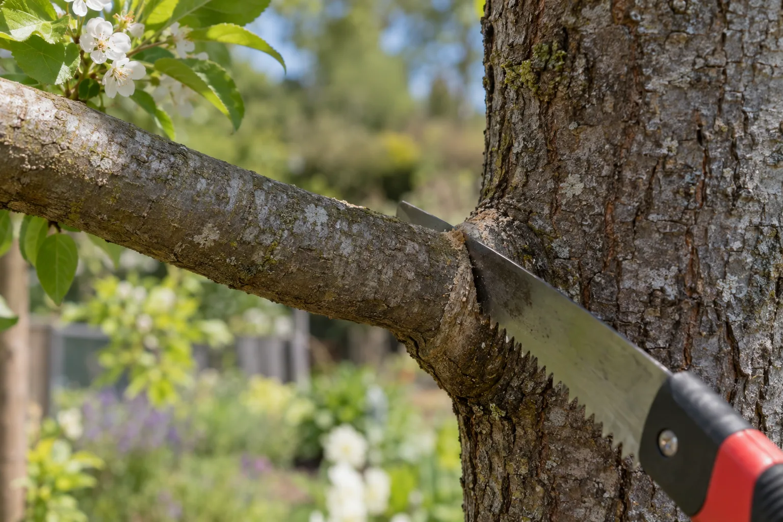 Pruning saw positioned at the branch collar for a clean final cut on a limb