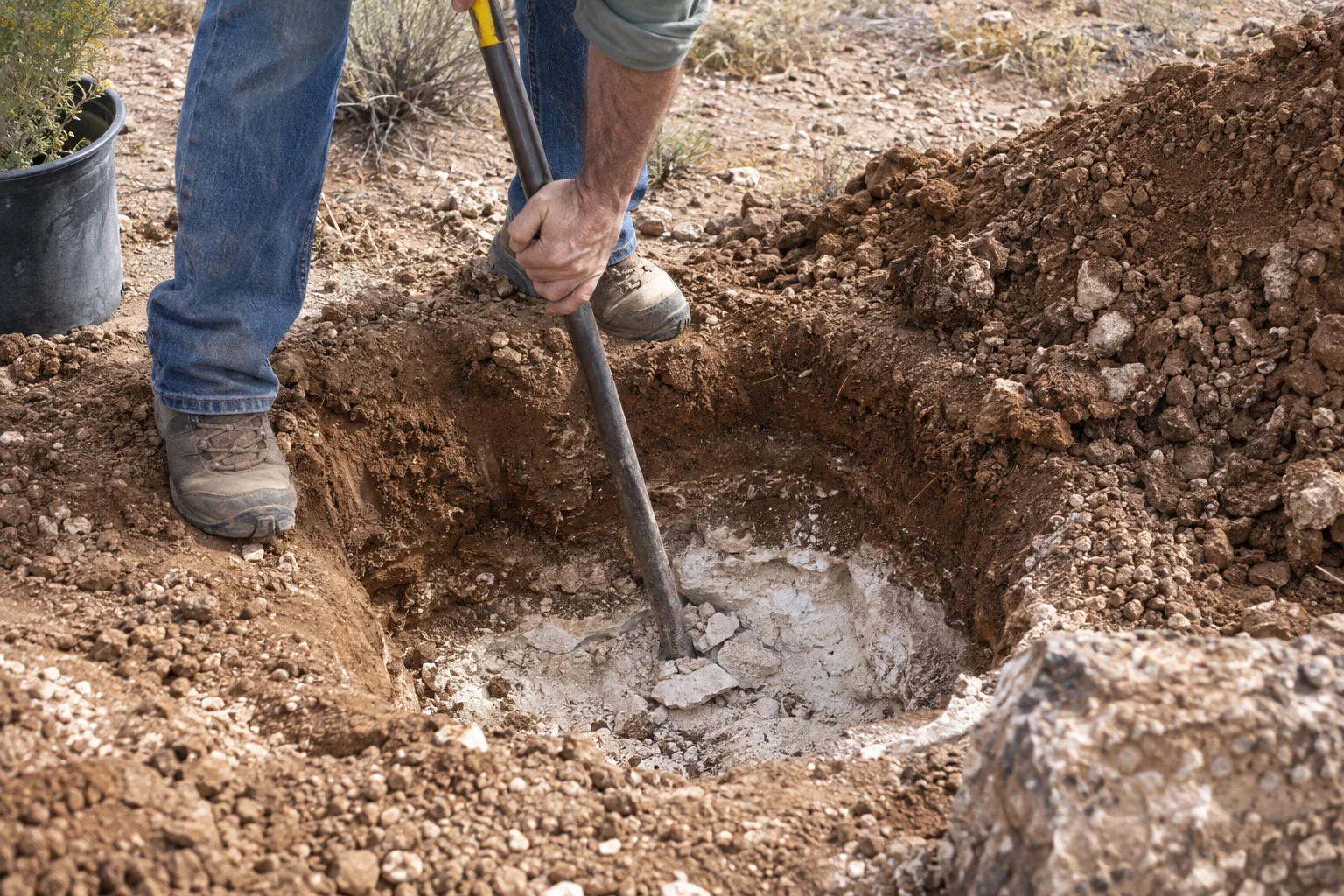Digging bar breaking through a white caliche layer at the bottom of a planting hole