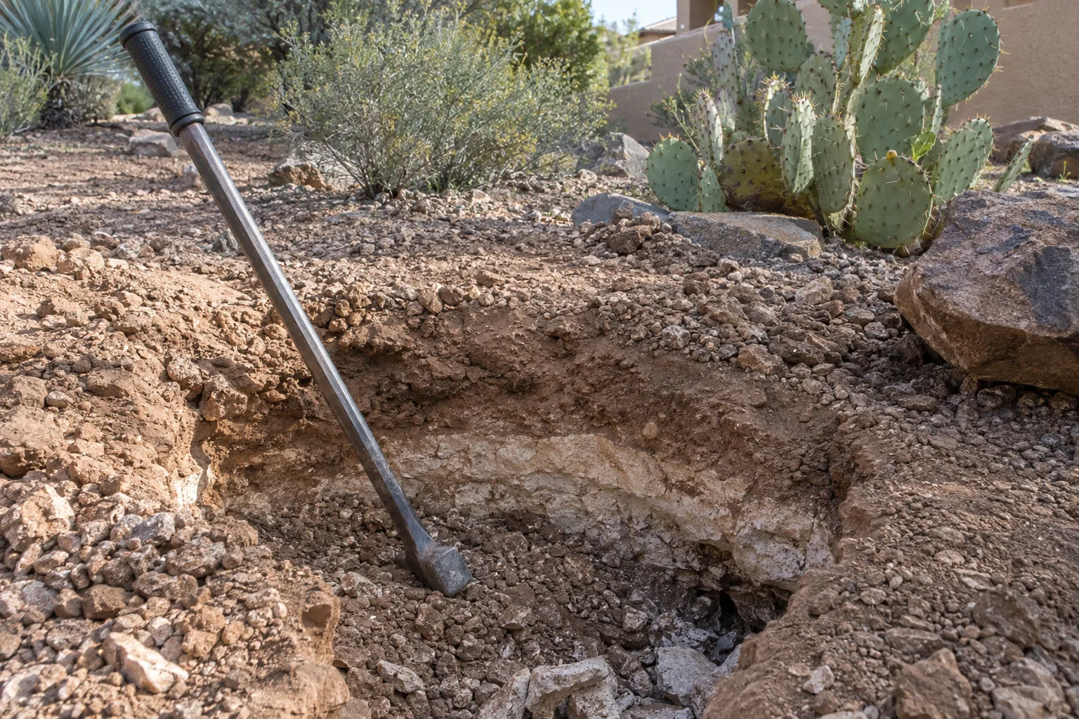 Breaker bar beside a planting hole showing pale caliche layer in desert soil