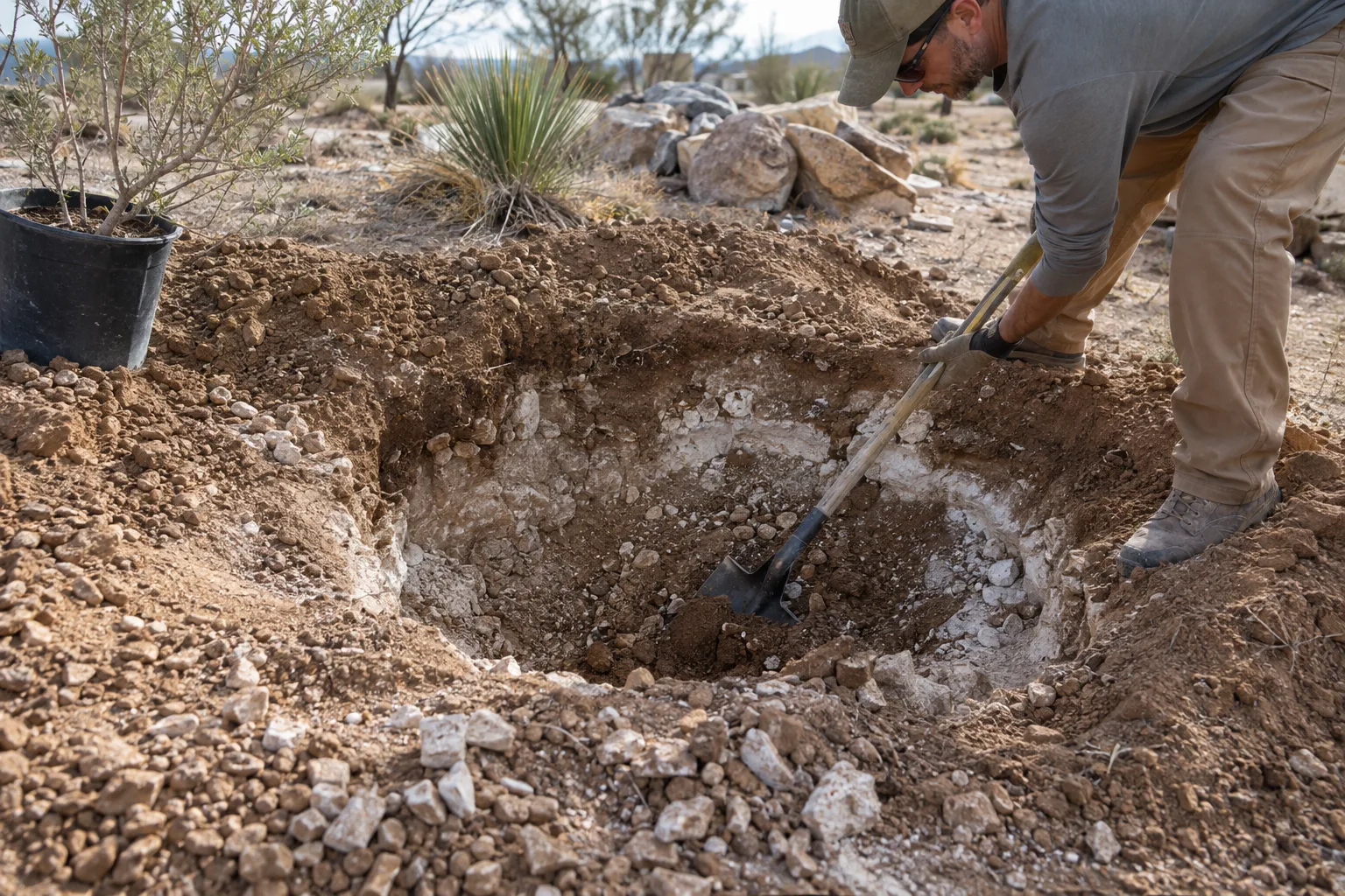 Shovel and digging bar breaking through white caliche in a wide tree planting hole