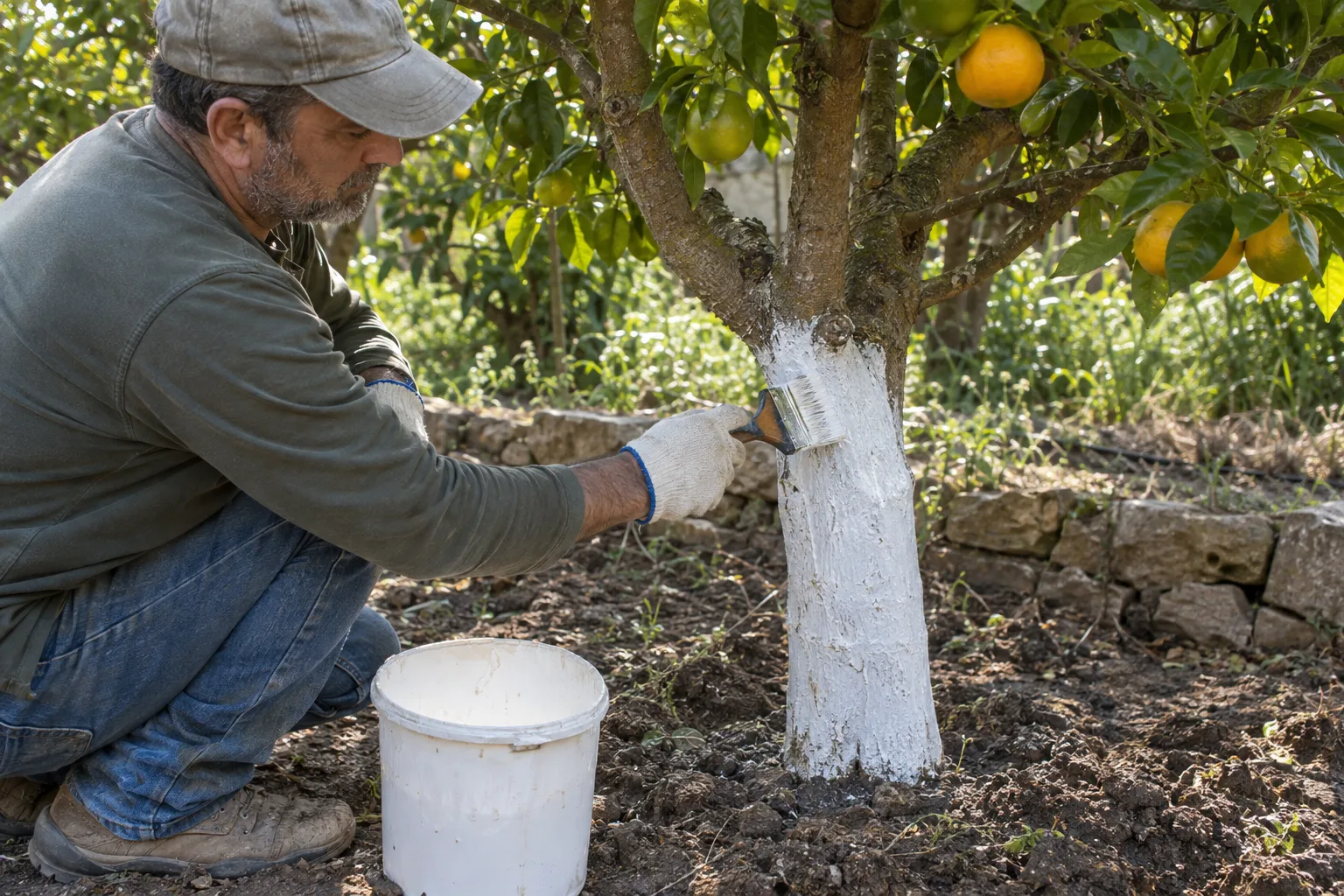 Gardener brushing white paint onto a citrus trunk from soil line upward in Queen Creek