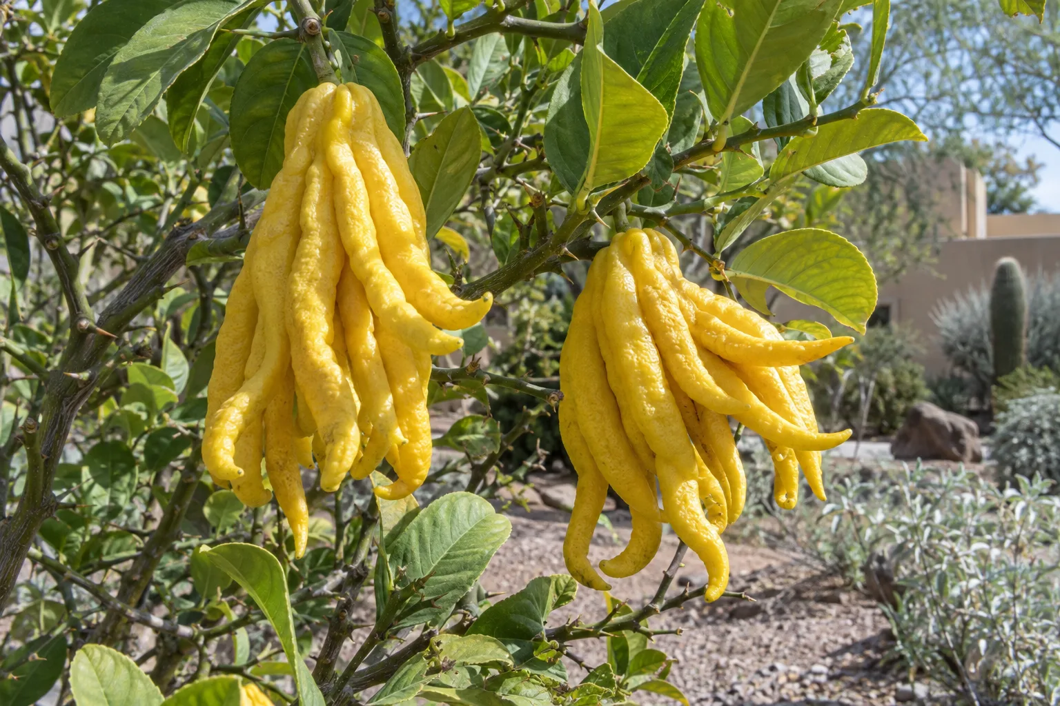 Buddhas hand citron with bright yellow finger-like fruit hanging among large light green leaves