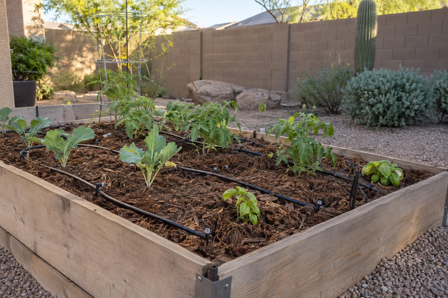 Raised vegetable bed with thick mulch and drip line along a backyard block wall