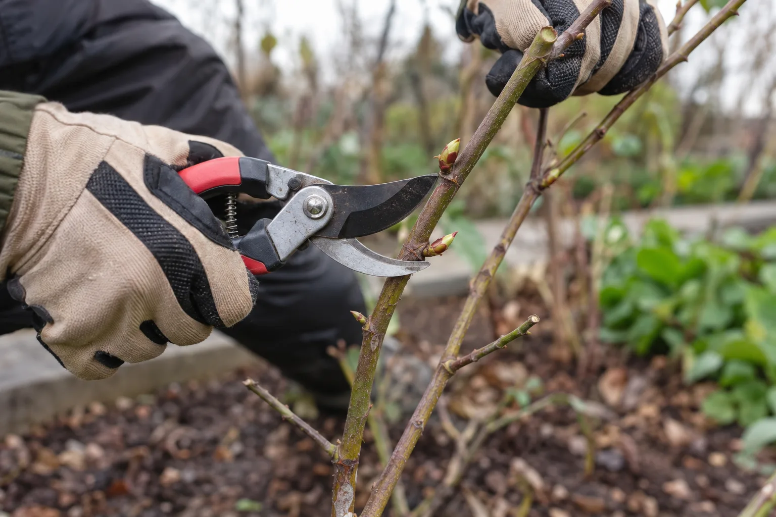 Gloved hands using bypass pruners to cut a stem above an outward-facing bud
