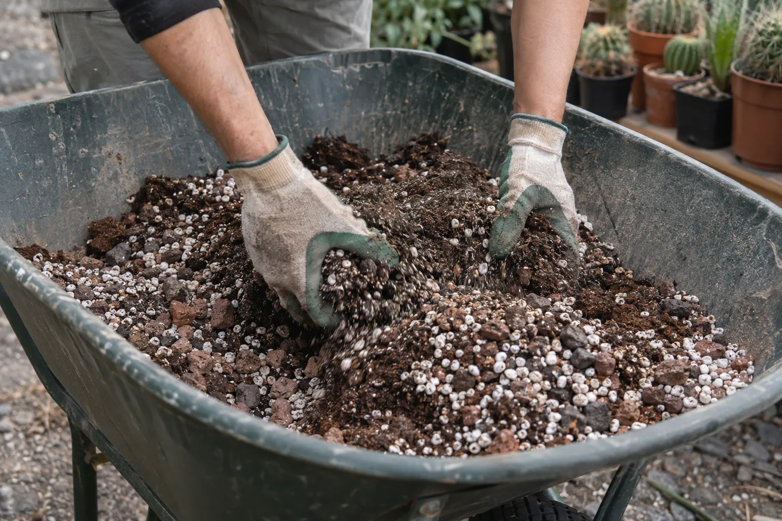 Cactus potting mix being blended with perlite and pumice before filling a pot