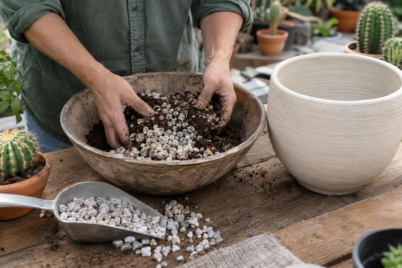 Hands mixing pumice into cactus soil beside a large light-colored ceramic pot