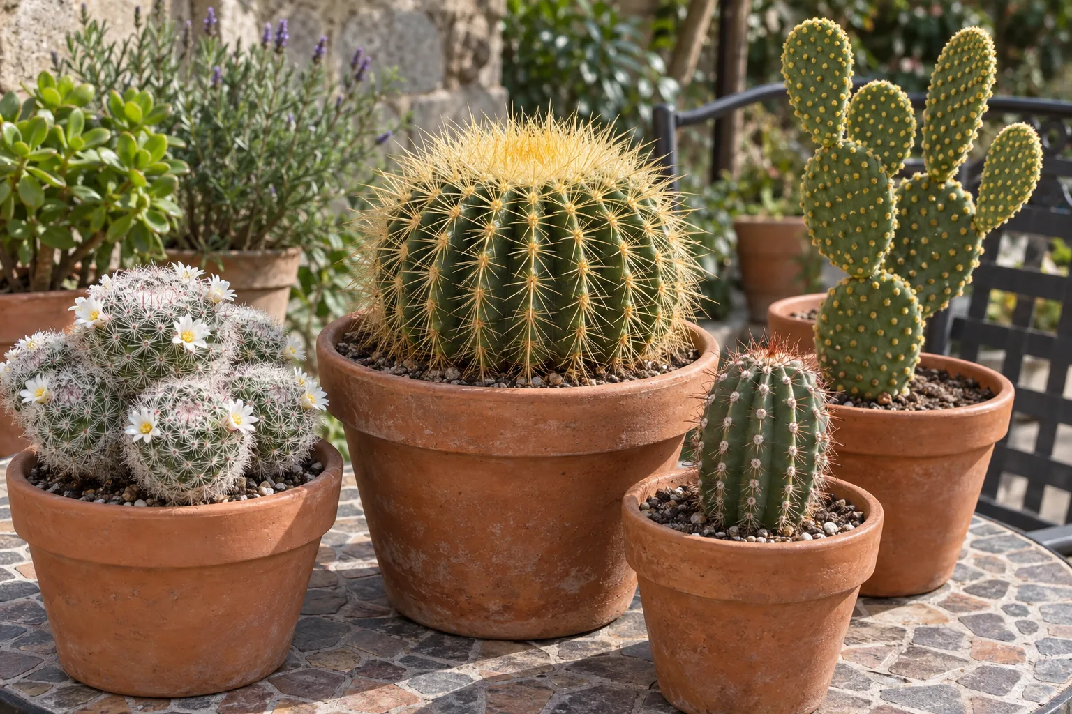 Assorted small cacti in terracotta pots, a golden-spined globe cactus at the centre, on a patio table