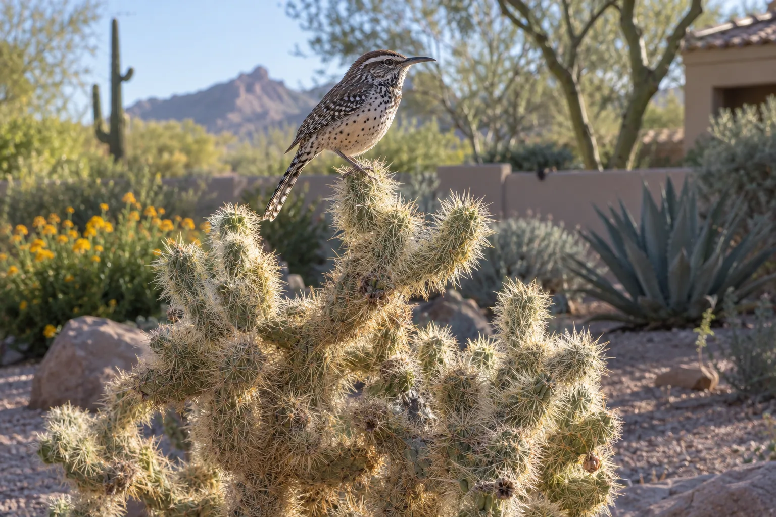 Cactus wren with spotted chest and white eyebrow stripe perched on a cholla
