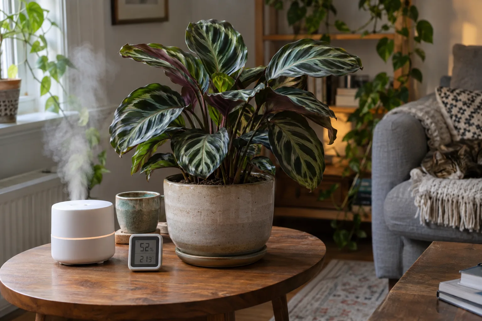 Small humidifier and hygrometer placed next to a potted Calathea on a shelf