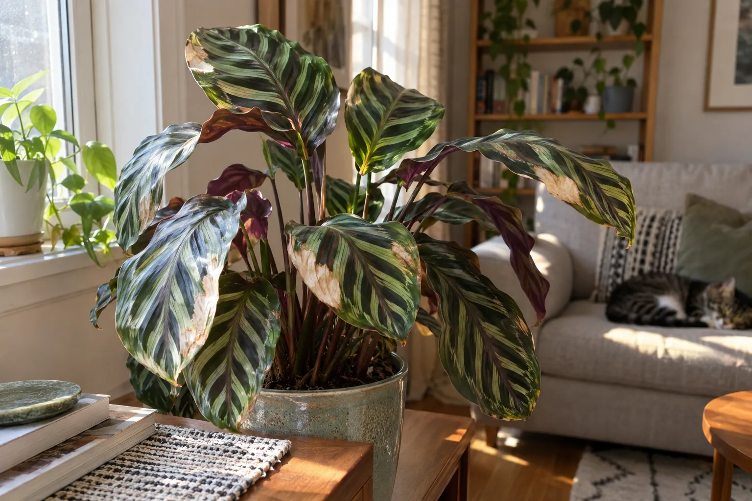 Calathea leaves with bleached scorched patches beside a sunny window with sheer curtain