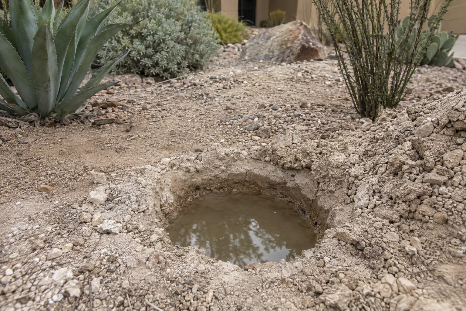 Water standing in a test hole dug into pale caliche soil for a drainage check