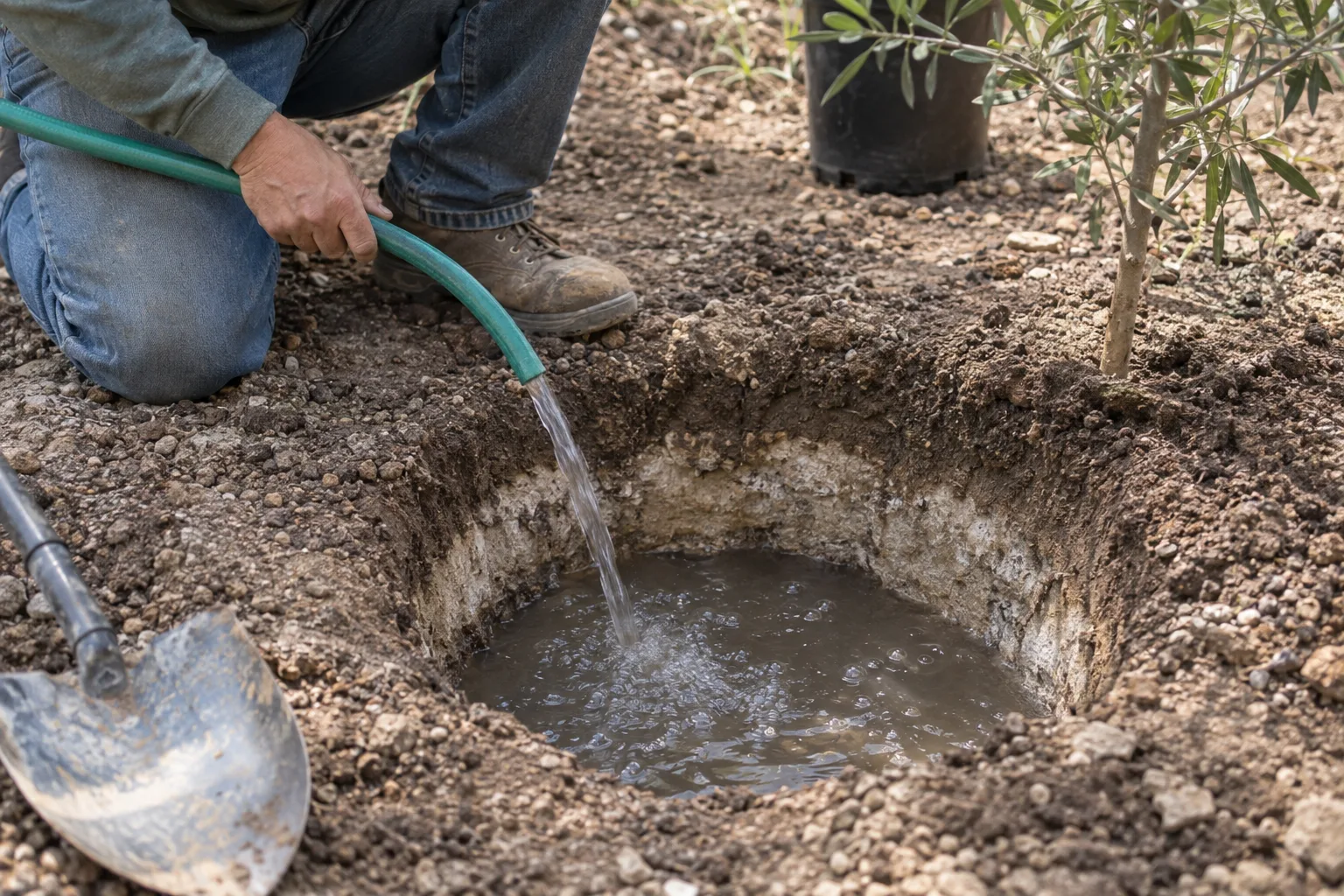 Water standing in a planting hole with pale caliche visible in the soil