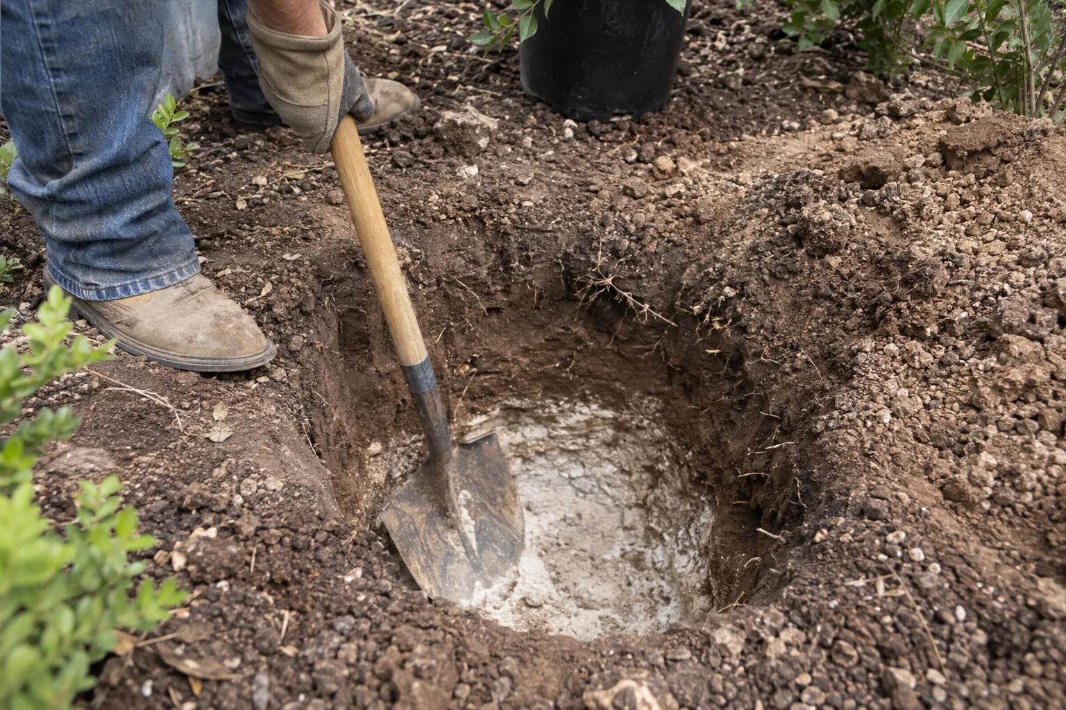 Planting hole with a hard whitish caliche layer exposed below the topsoil