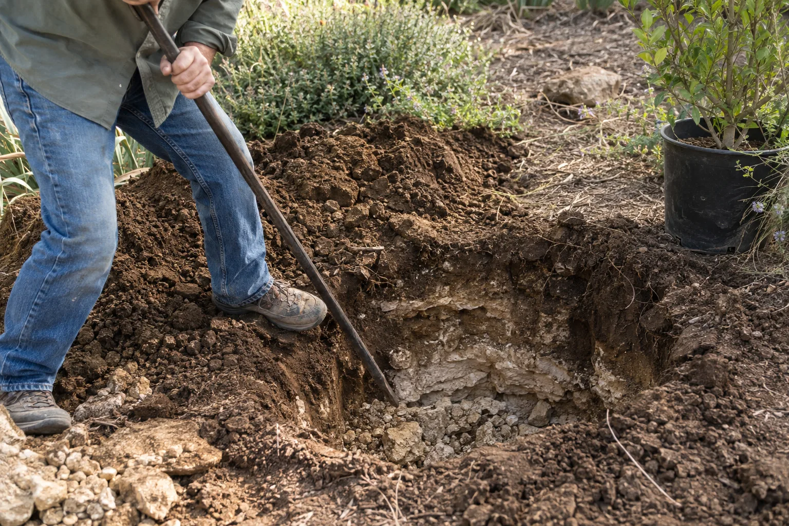 Pale hard caliche layer visible at the bottom of a freshly dug planting hole in Queen Creek